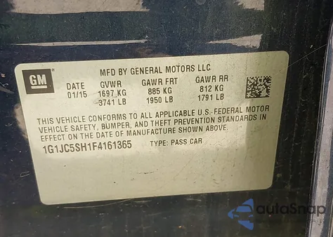 2015 Chevrolet Sonic Lt Auto из США, поврежденный, VIN 1G1JC5SH1F4161365